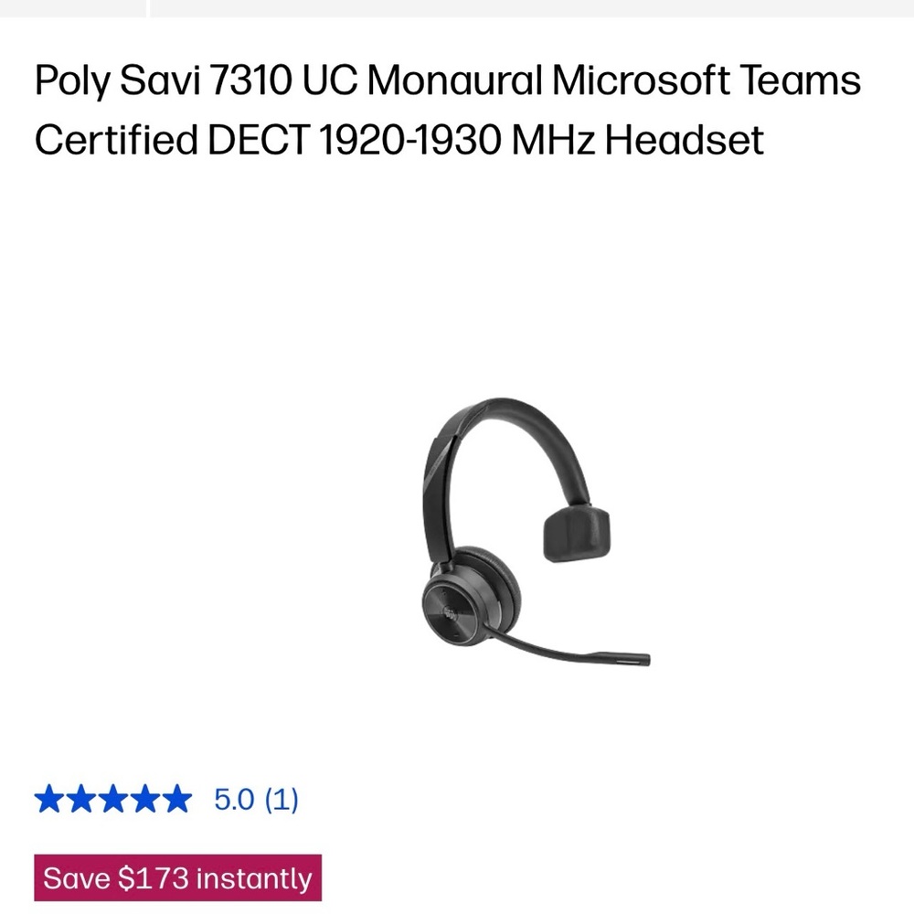Poly Savi 7310 UC Monaural Headset w/ base and charger port new